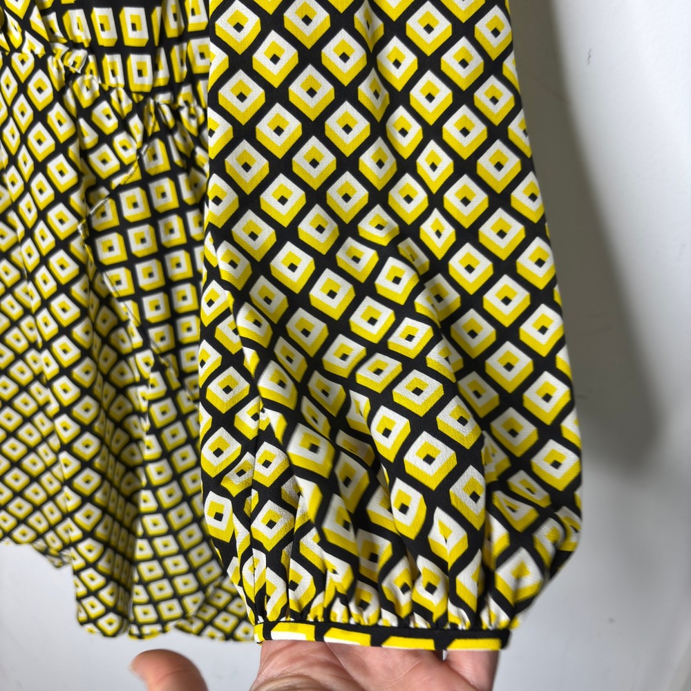 Diane von Furstenberg Silk Yellow Black Geometric Print‎ Long Sleeve Romper Sz L - Picture 5 of 11